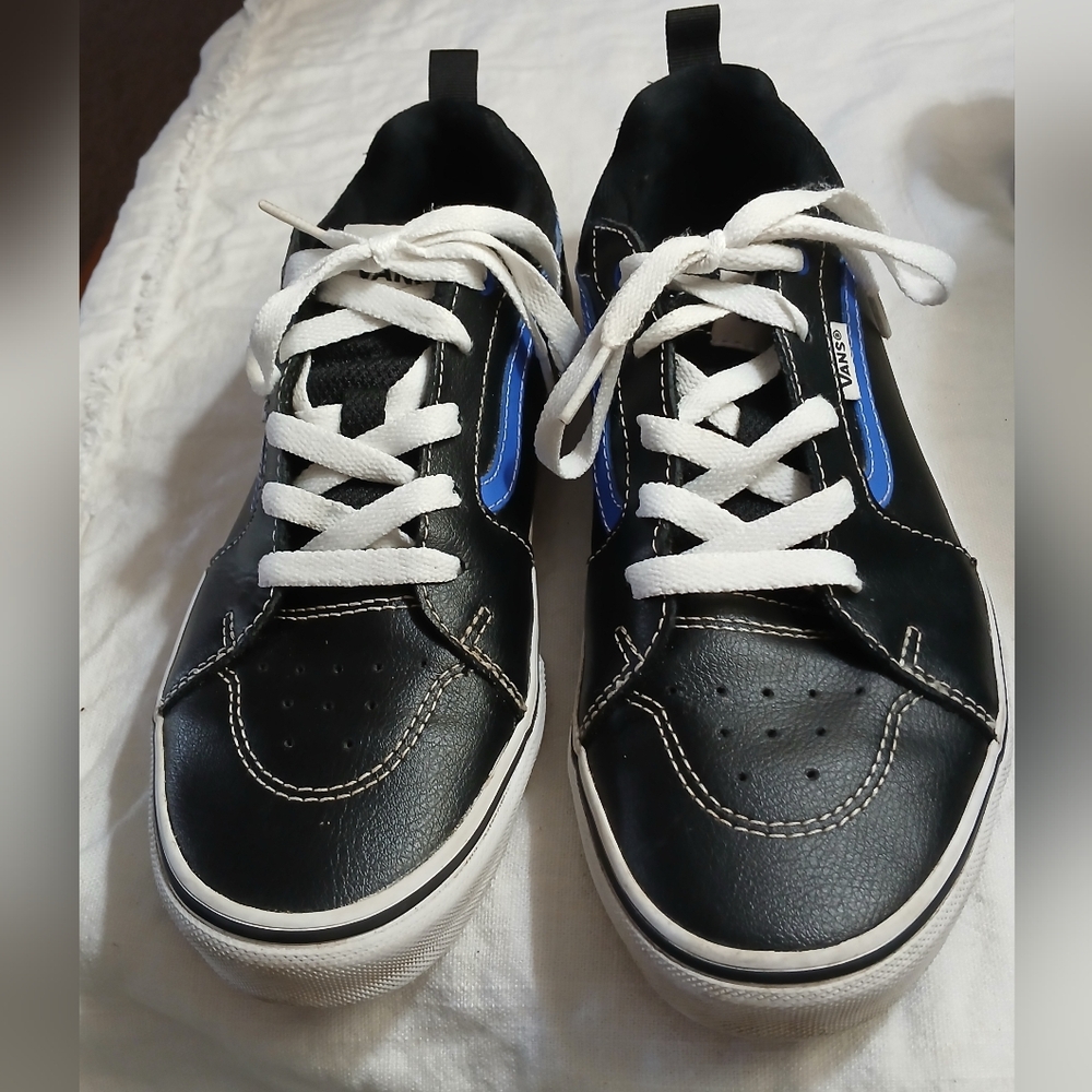 Vans Black Sneakers with Blue Accents and White Laces